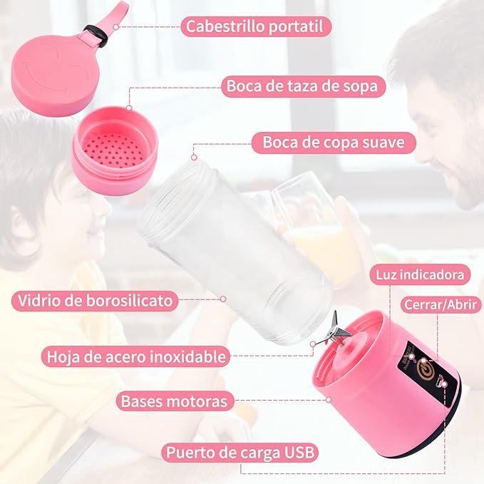 A Licuadora portátil Licuadora USB Recargable, Licuadora Portatil Para Papillas,Malteadas, Frutas Y Verduras, 6 3D Aspas, 380 ML (Rosado).
