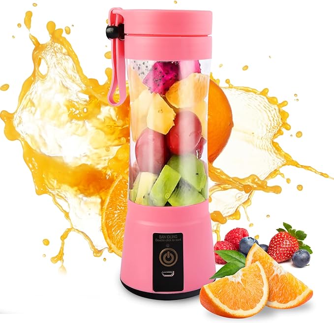 A Licuadora portátil Licuadora USB Recargable, Licuadora Portatil Para Papillas,Malteadas, Frutas Y Verduras, 6 3D Aspas, 380 ML (Rosado).