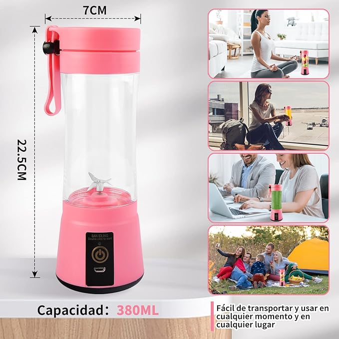 A Licuadora portátil Licuadora USB Recargable, Licuadora Portatil Para Papillas,Malteadas, Frutas Y Verduras, 6 3D Aspas, 380 ML (Rosado).