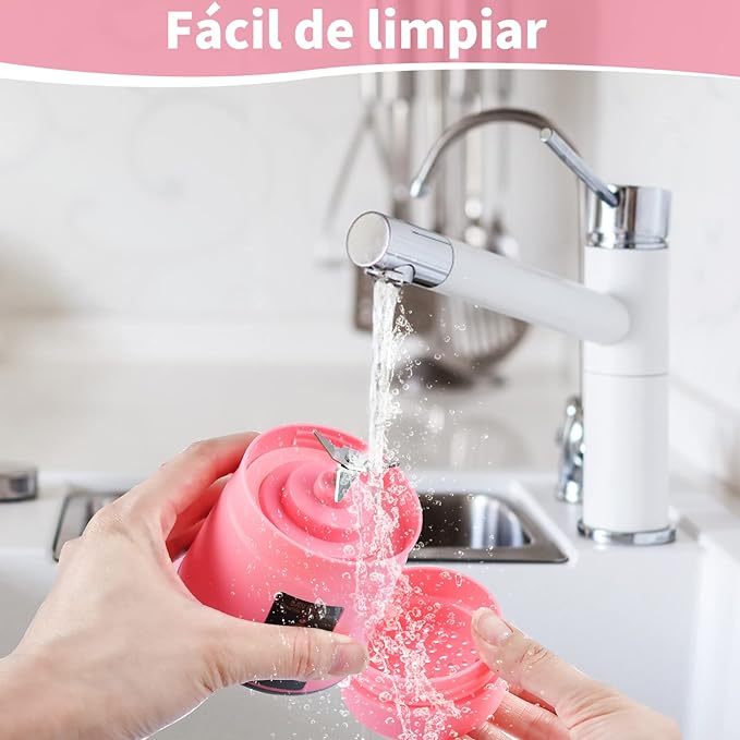 A Licuadora portátil Licuadora USB Recargable, Licuadora Portatil Para Papillas,Malteadas, Frutas Y Verduras, 6 3D Aspas, 380 ML (Rosado).