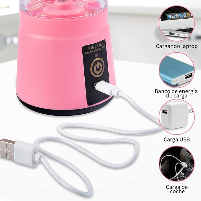 A Licuadora portátil Licuadora USB Recargable, Licuadora Portatil Para Papillas,Malteadas, Frutas Y Verduras, 6 3D Aspas, 380 ML (Rosado).