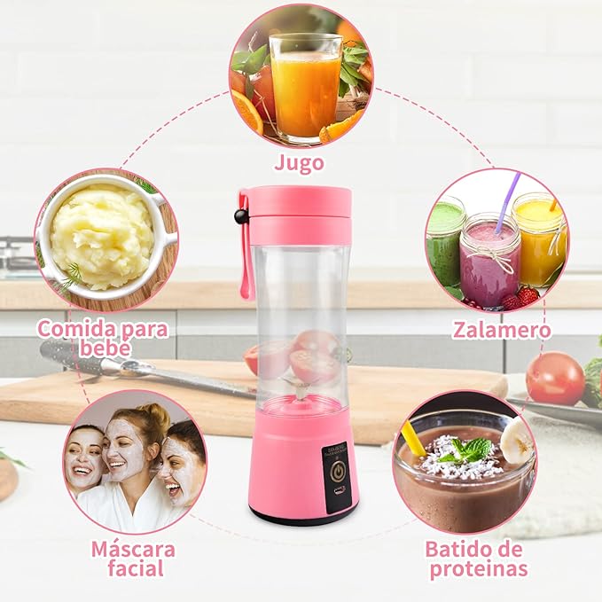 A Licuadora portátil Licuadora USB Recargable, Licuadora Portatil Para Papillas,Malteadas, Frutas Y Verduras, 6 3D Aspas, 380 ML (Rosado).