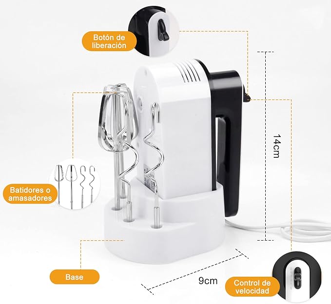 A Batidora Eléctrica Doméstico,Batidora de Mano de 5 Velocidades de 150 W,Batidora Amasadora Reposteria con 2 Varillas&2 Ganchos,Potente con Turbo Mezclador de Mano para Batir Alimentos,Huevos,Pasteles.