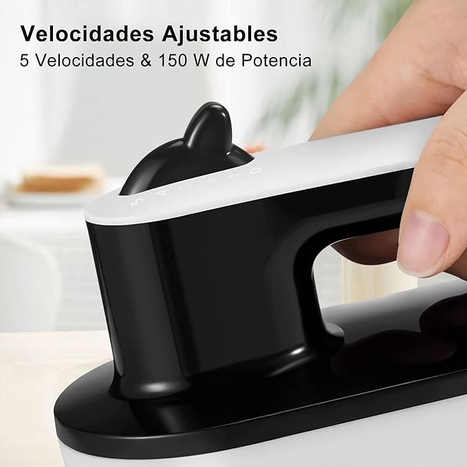 A Batidora Eléctrica Doméstico,Batidora de Mano de 5 Velocidades de 150 W,Batidora Amasadora Reposteria con 2 Varillas&2 Ganchos,Potente con Turbo Mezclador de Mano para Batir Alimentos,Huevos,Pasteles.