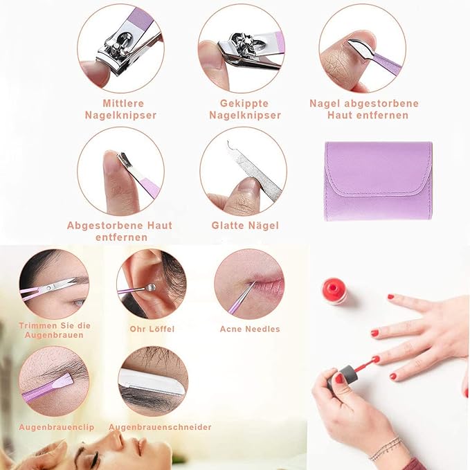 A Manicura Set 16 en 1 manicure kit acero inoxidable manicura y pedicura, conjunto de uñas de acero inoxidable, conjunto profesional de corte de uñas de belleza (Púrpura).