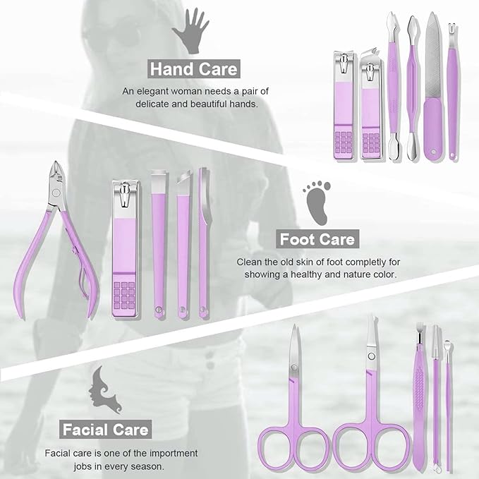 A Manicura Set 16 en 1 manicure kit acero inoxidable manicura y pedicura, conjunto de uñas de acero inoxidable, conjunto profesional de corte de uñas de belleza (Púrpura).