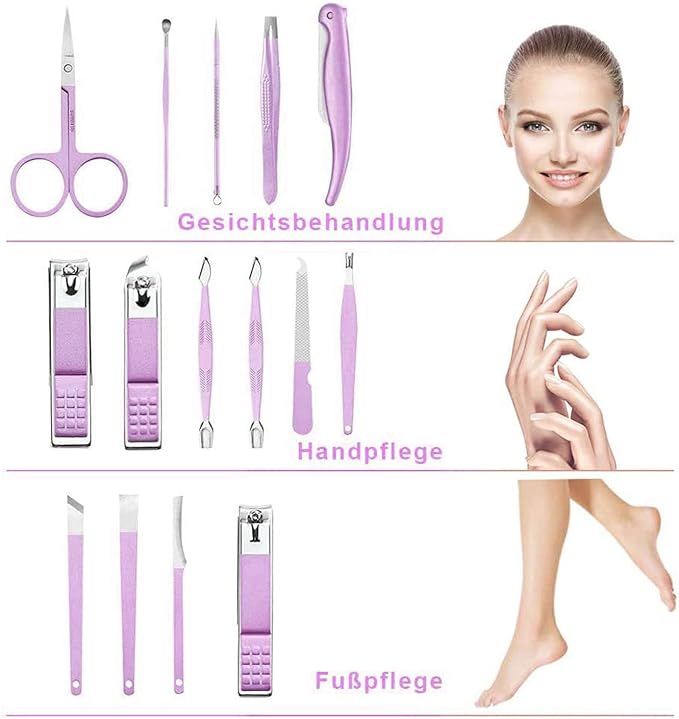 A Manicura Set 16 en 1 manicure kit acero inoxidable manicura y pedicura, conjunto de uñas de acero inoxidable, conjunto profesional de corte de uñas de belleza (Púrpura).