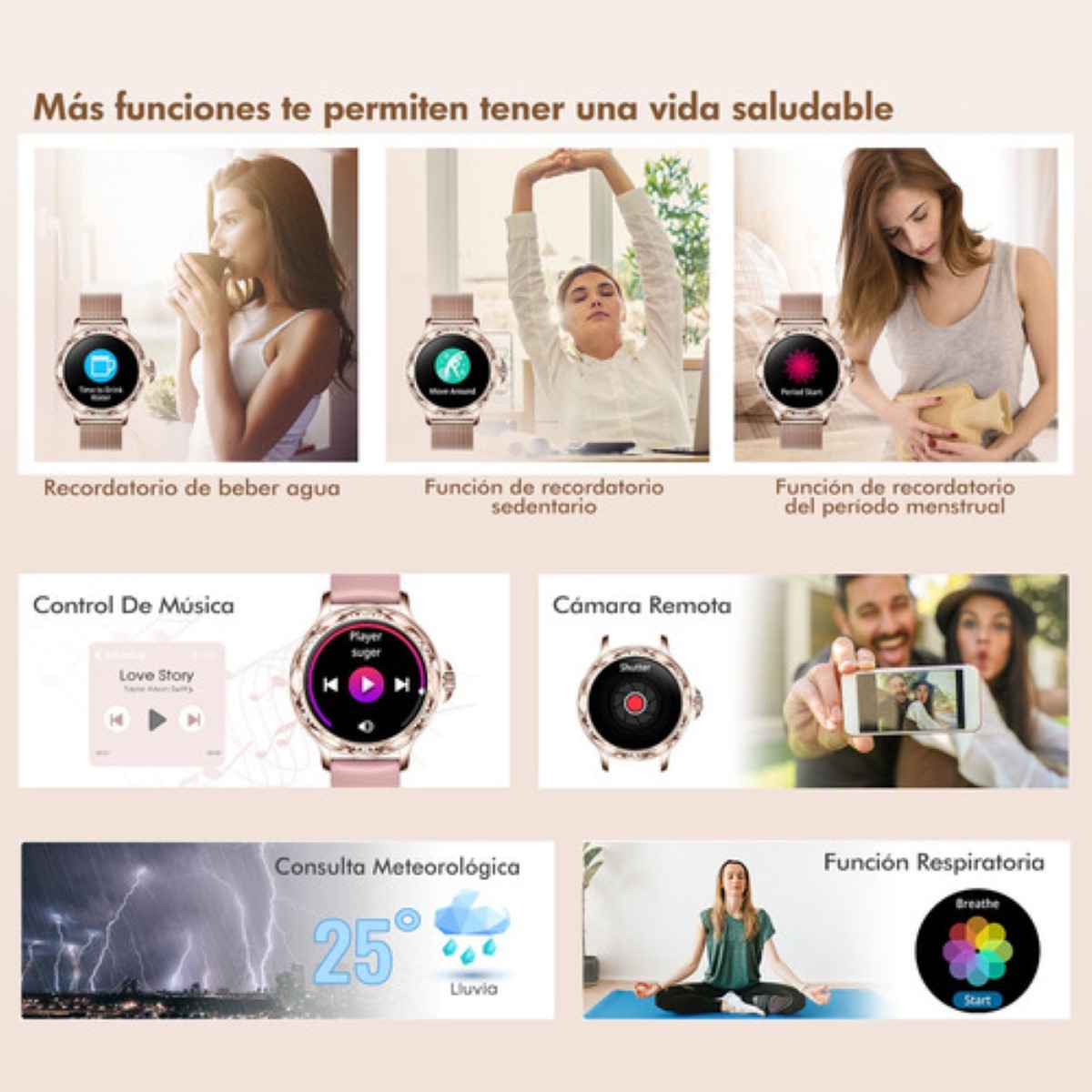 Reloj Inteligente Diamond Elegante De Mujeres oro rosa.