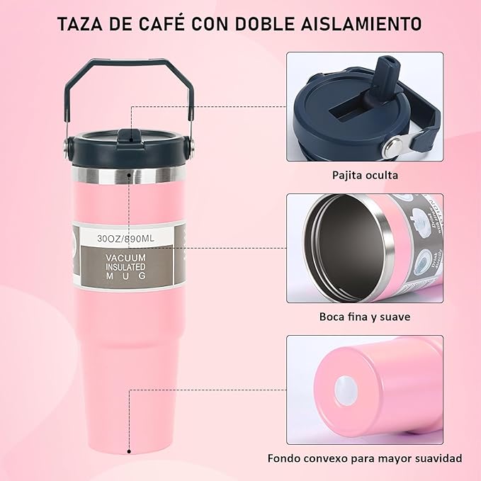 A Vaso Térmico de Acero Inoxidable de 900ml,Termo para Café de Mano de Doble Capa,Taza Termica Frío y Caliente con Tapa de Paja, Adecuado para Deportes Aire Libre y Uso Diario (Rosa).