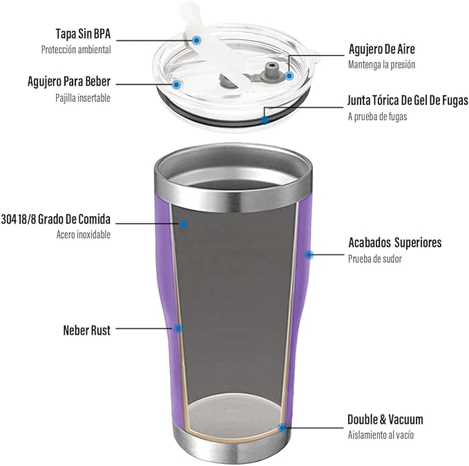 A Vaso Térmico de Acero Inoxidable, Easytao Taza Termica Frio y Caliente para Cafe con Tapa y Popote, Cepillo de limpieza, Termo Infusor de Vacío Doble para Hombre, Mujer, Regalo, (30oz/850ml,Morado).
