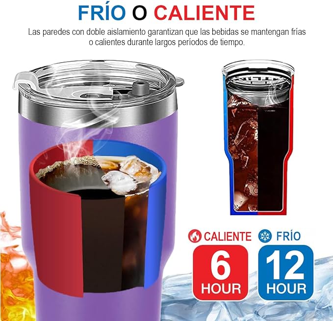 A Vaso Térmico de Acero Inoxidable, Easytao Taza Termica Frio y Caliente para Cafe con Tapa y Popote, Cepillo de limpieza, Termo Infusor de Vacío Doble para Hombre, Mujer, Regalo, (30oz/850ml,Morado).