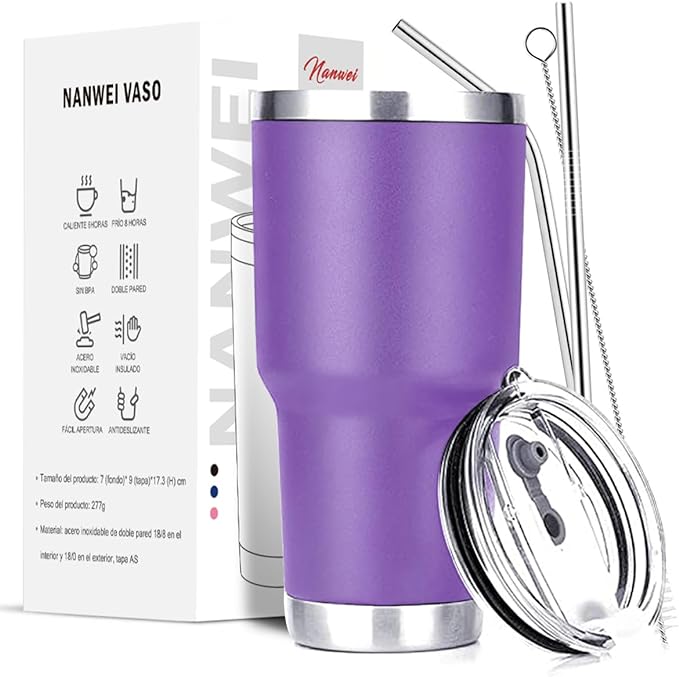 A Vaso Térmico de Acero Inoxidable, Easytao Taza Termica Frio y Caliente para Cafe con Tapa y Popote, Cepillo de limpieza, Termo Infusor de Vacío Doble para Hombre, Mujer, Regalo, (30oz/850ml,Morado).