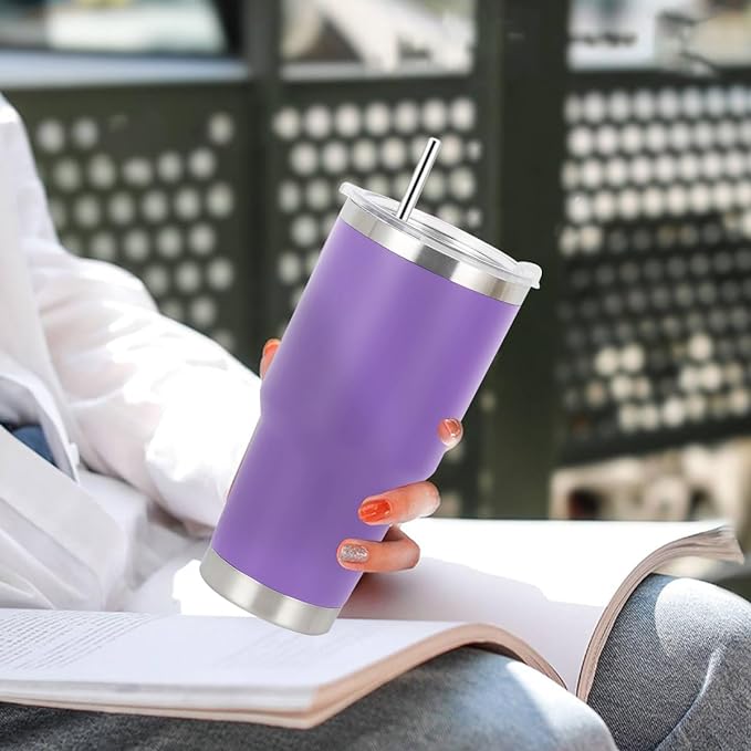 A Vaso Térmico de Acero Inoxidable, Easytao Taza Termica Frio y Caliente para Cafe con Tapa y Popote, Cepillo de limpieza, Termo Infusor de Vacío Doble para Hombre, Mujer, Regalo, (30oz/850ml,Morado).