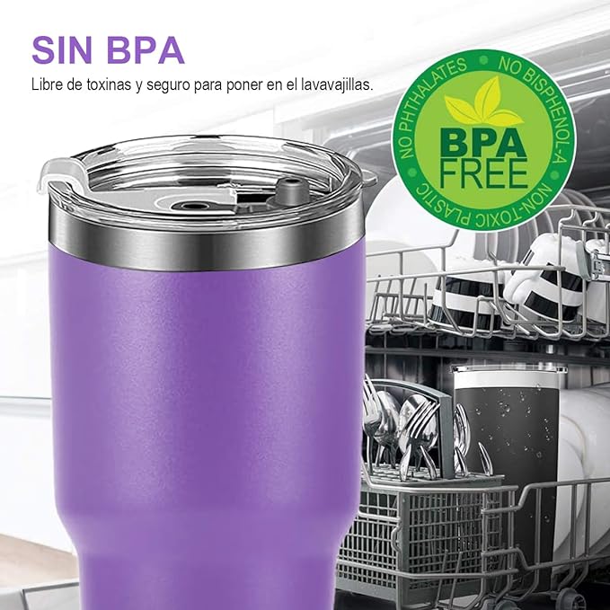 A Vaso Térmico de Acero Inoxidable, Easytao Taza Termica Frio y Caliente para Cafe con Tapa y Popote, Cepillo de limpieza, Termo Infusor de Vacío Doble para Hombre, Mujer, Regalo, (30oz/850ml,Morado).