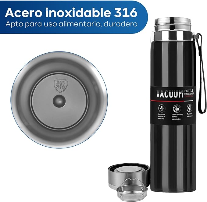 A AI-PIKA Termo de Acero Inoxidable 316, Para Agua Fría (24 horas) o Caliente (24 horas), Botella 1000ml de Agua Termo, Doble Pared y Tapa Hermética Antigoteo, Con Asa para Transportar (Negro）.