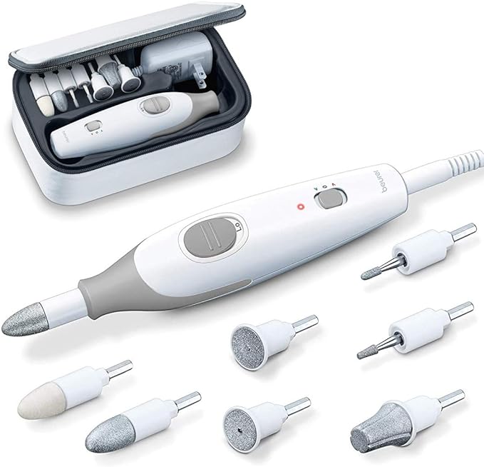 A Beurer - Set eléctrico de manicura y pedicura con potente lima de uñas con 7 accesorios y sistema de velocidad para cuidado de calidad de salón de manos y pies en casa.