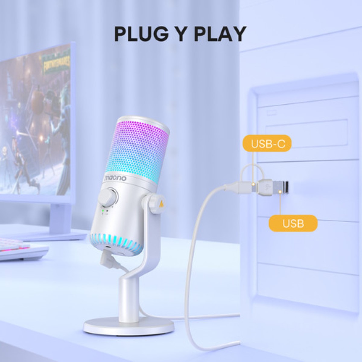 "Maono Micrófono Gamer Condensador Usb Podcast Pc Dm30 Rgb blanco "