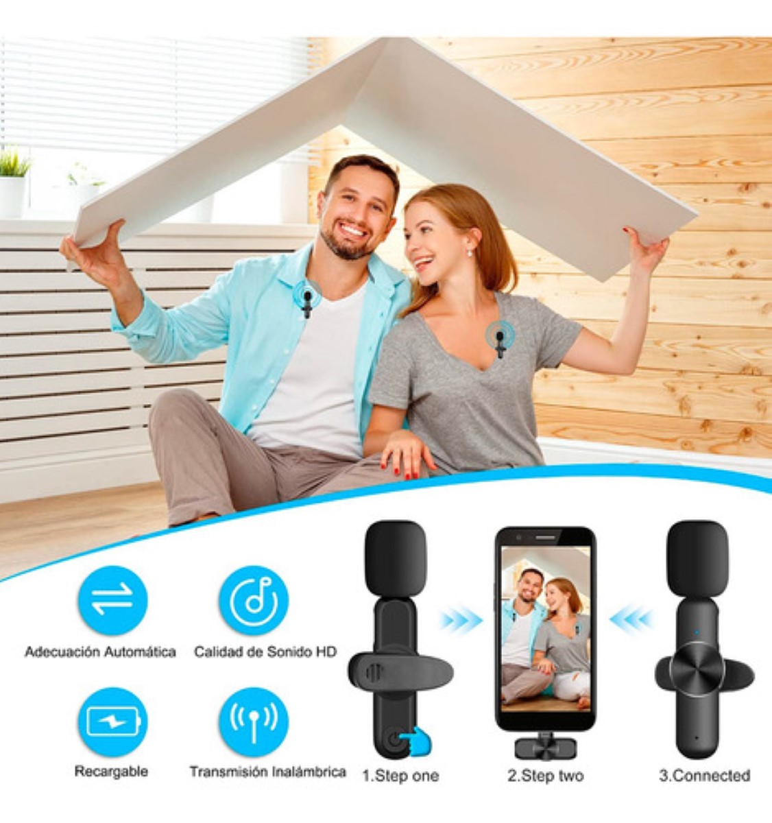 "2 Micrófono Lavalier Inalámbrico Para iPhone Android Y Pc Negro "