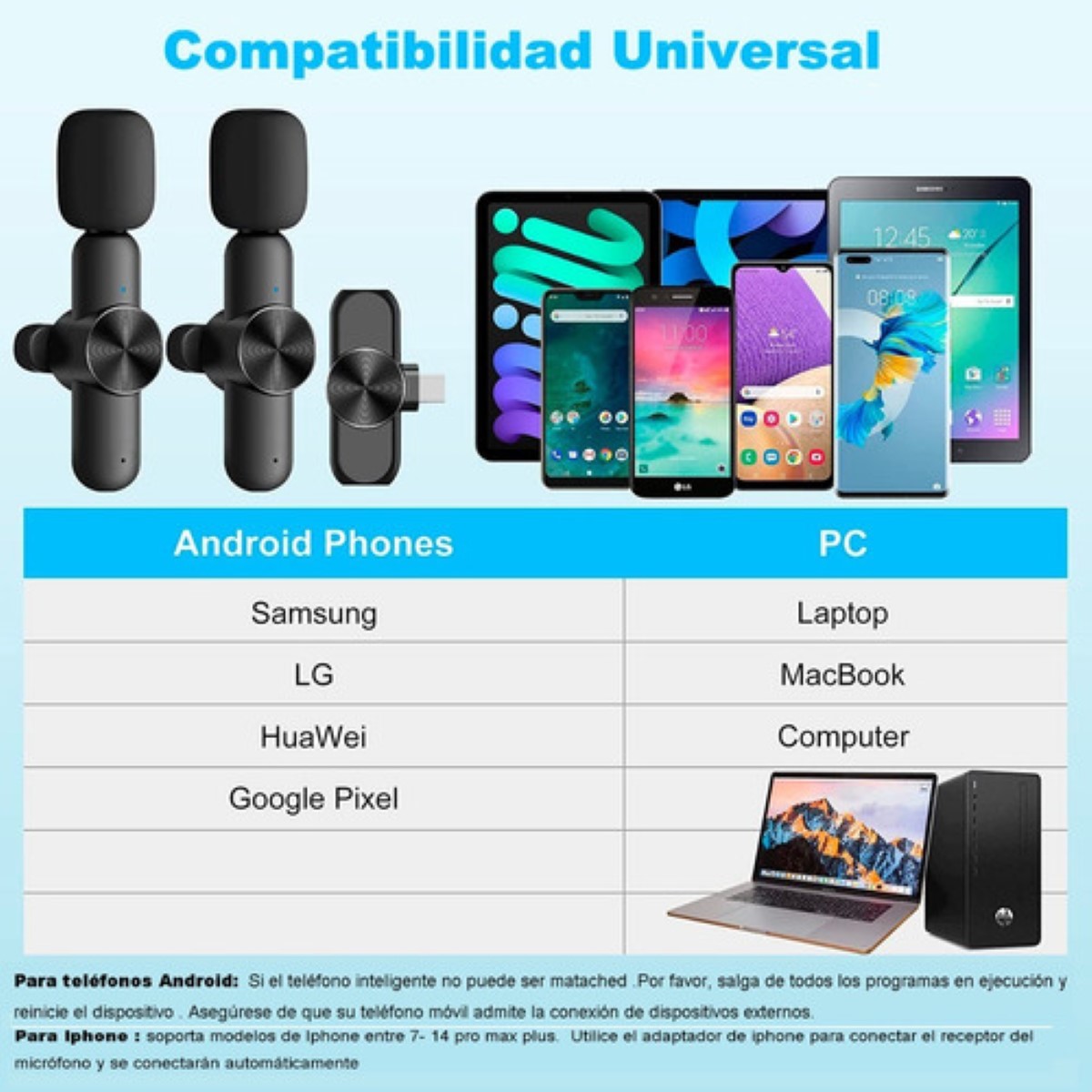 "2 Micrófono Lavalier Inalámbrico Para iPhone Android Y Pc Negro "