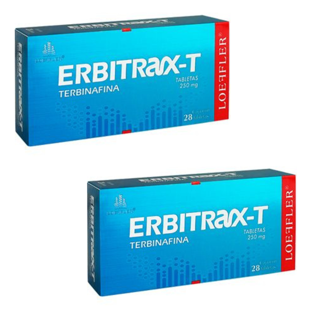 Tratamiento Medicamento Antimicótico Hongos Pie de Atleta Erbitrax-T Terbinafina 2 Cajas con 28 Pastillas c/u.