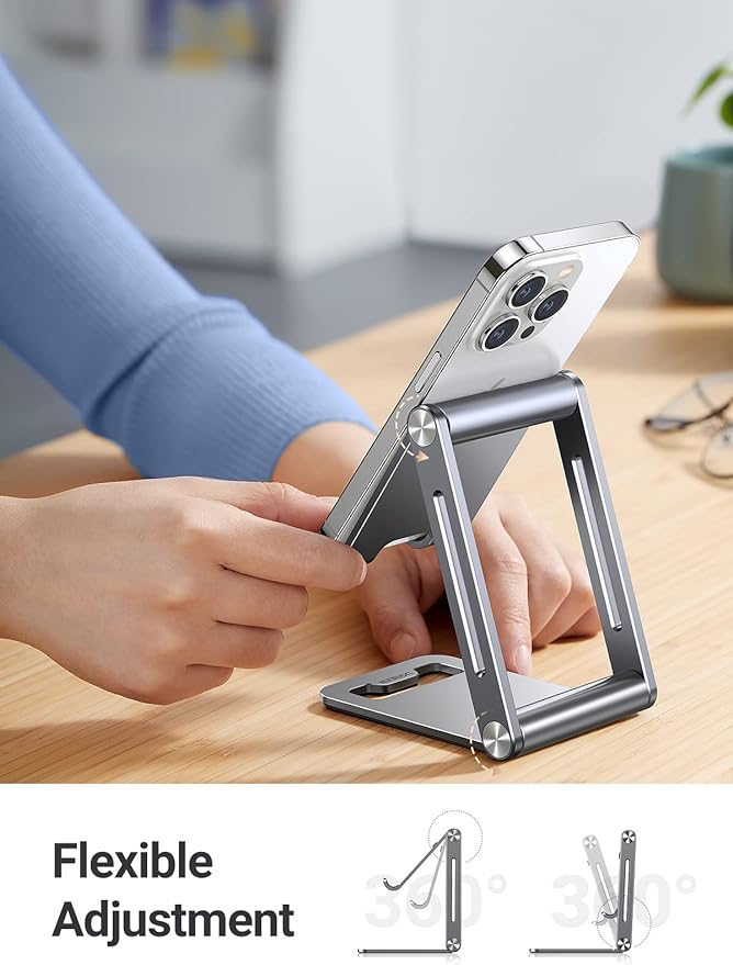 A UGREEN Soporte para Celular, Universal Multiángulo Soporte Ajustable, Soporte Celular Plegable de Aluminio, Compatible con iPhone 15/14/13/12 Pro MAX, Galaxy S24 S23 S22 Ultra, Huawei, Redmi, Gris.