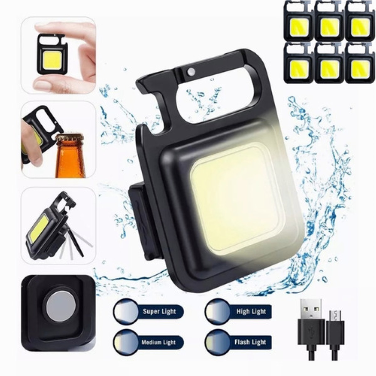 "Mini Usb Recargable Led Llavero Linterna Paquete De Seis "