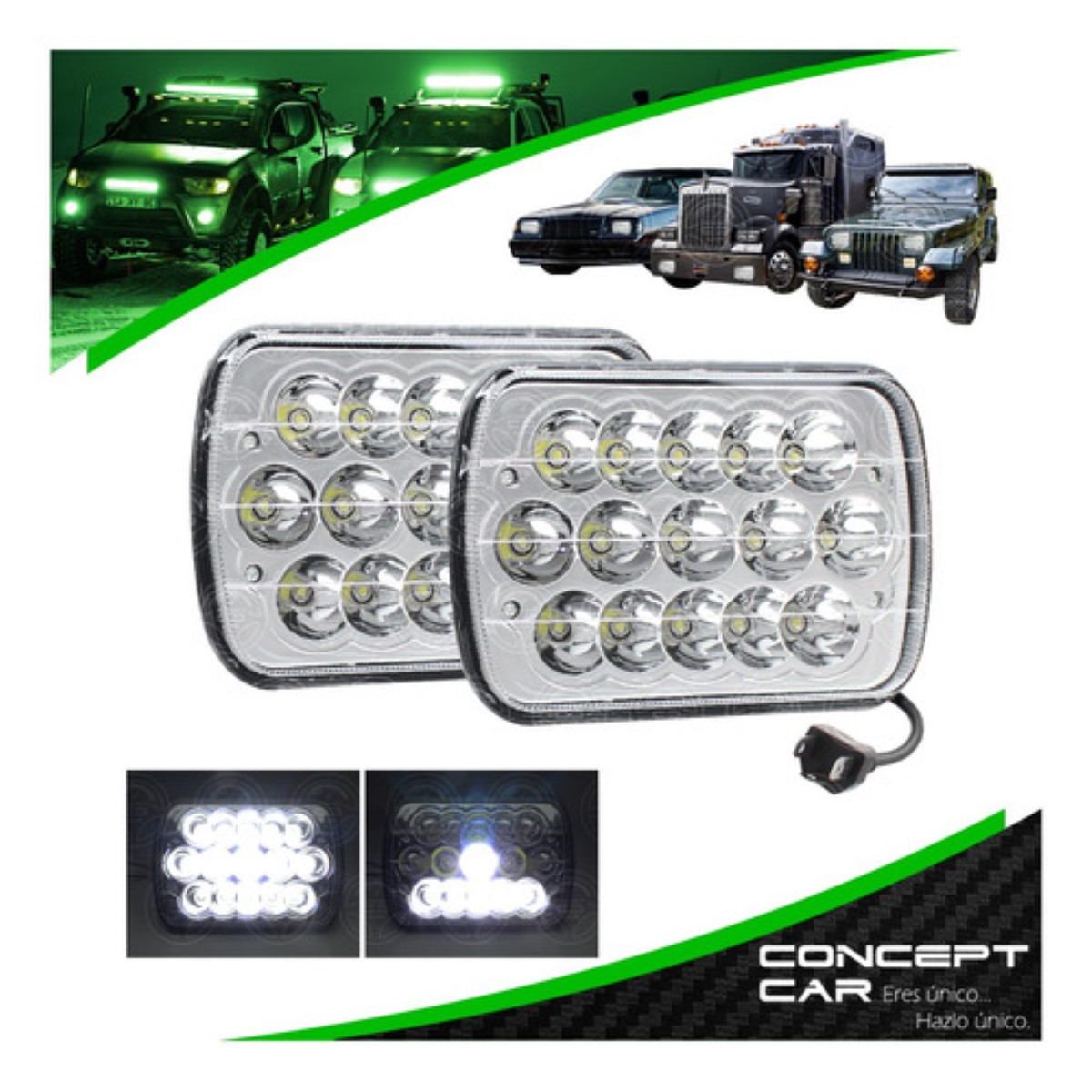 "2 Faros Unidad Cuadrada Rectangular 15 Leds 5x7 Alta/baja F5 "