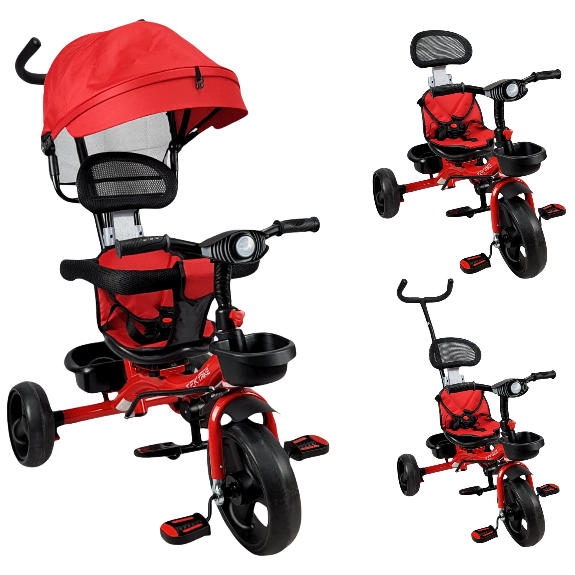 Triciclo para Niños con Barra Empuje Cajuela Toldo Luz y Sonido - Rojo.