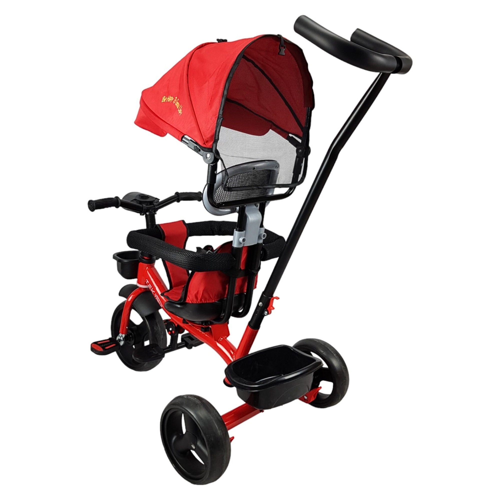 Triciclo para Niños con Barra Empuje Cajuela Toldo Luz y Sonido - Rojo.