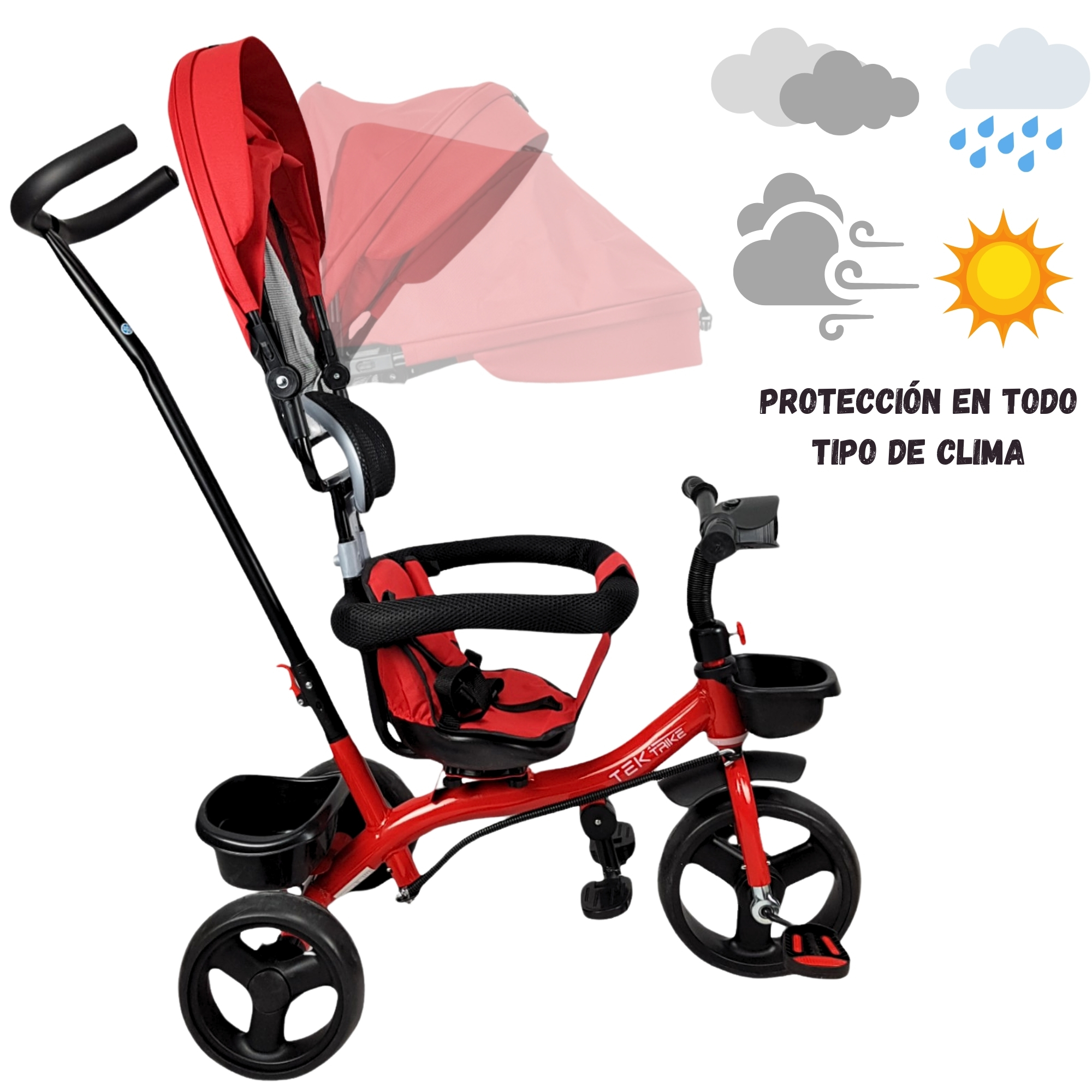 Triciclo para Niños con Barra Empuje Cajuela Toldo Luz y Sonido - Rojo.