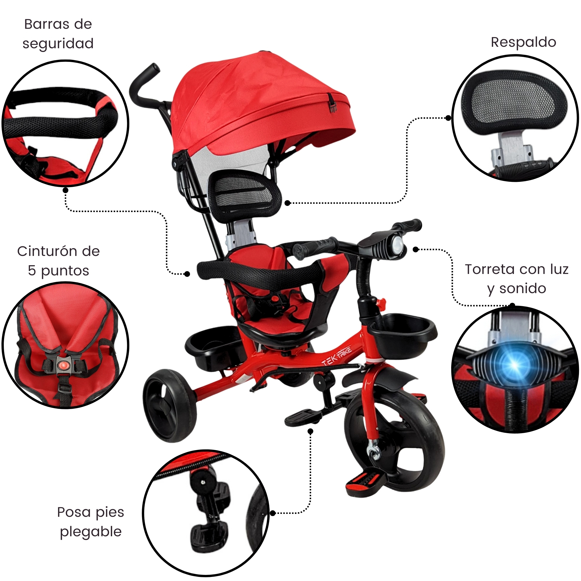 Triciclo para Niños con Barra Empuje Cajuela Toldo Luz y Sonido - Rojo.