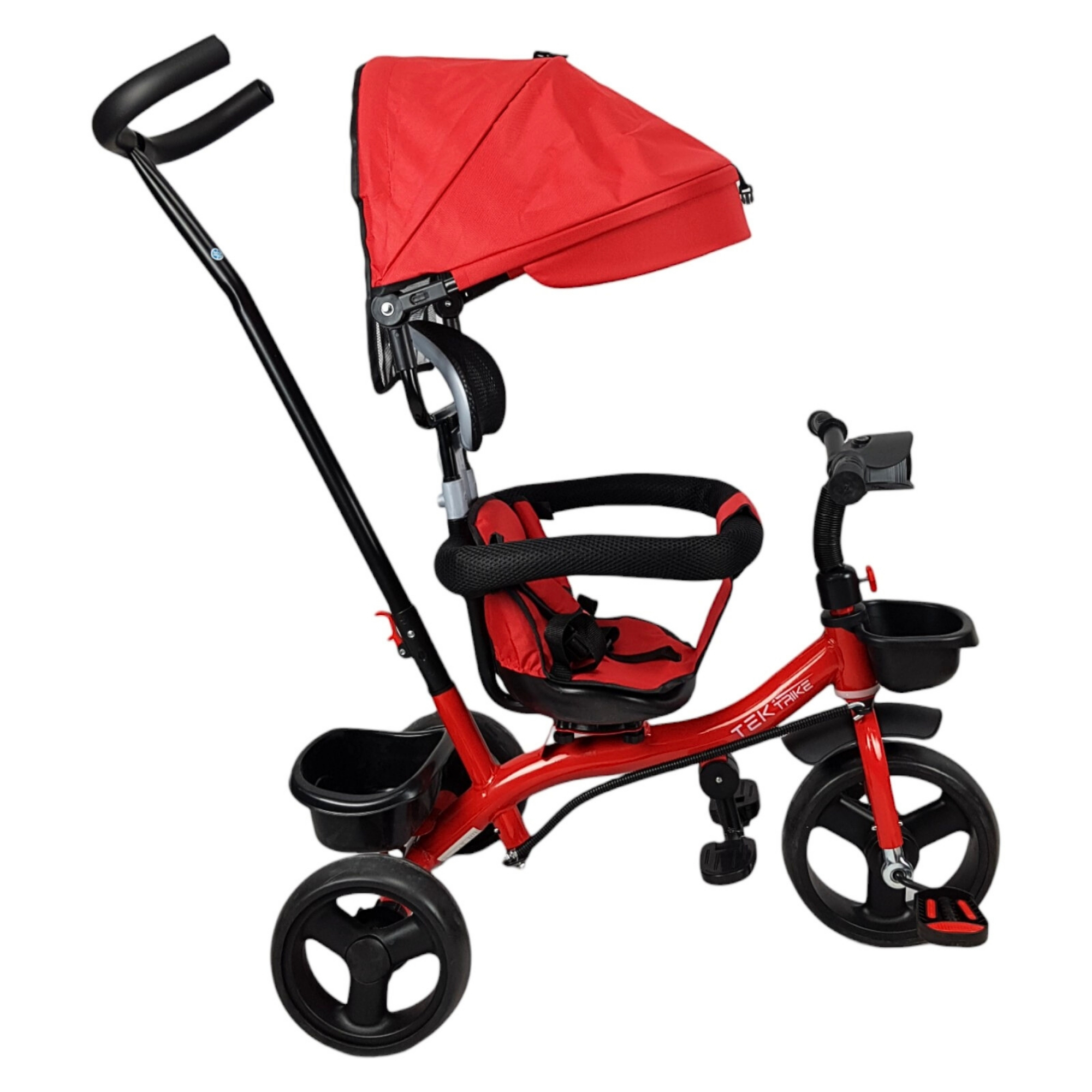 Triciclo para Niños con Barra Empuje Cajuela Toldo Luz y Sonido - Rojo.