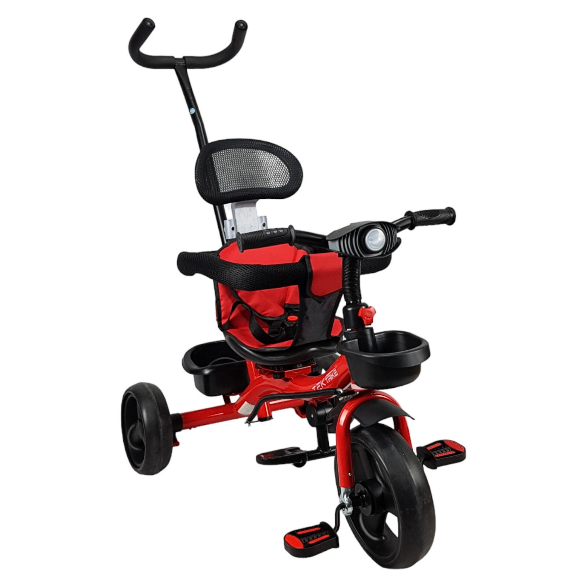 Triciclo para Niños con Barra Empuje Cajuela Toldo Luz y Sonido - Rojo.