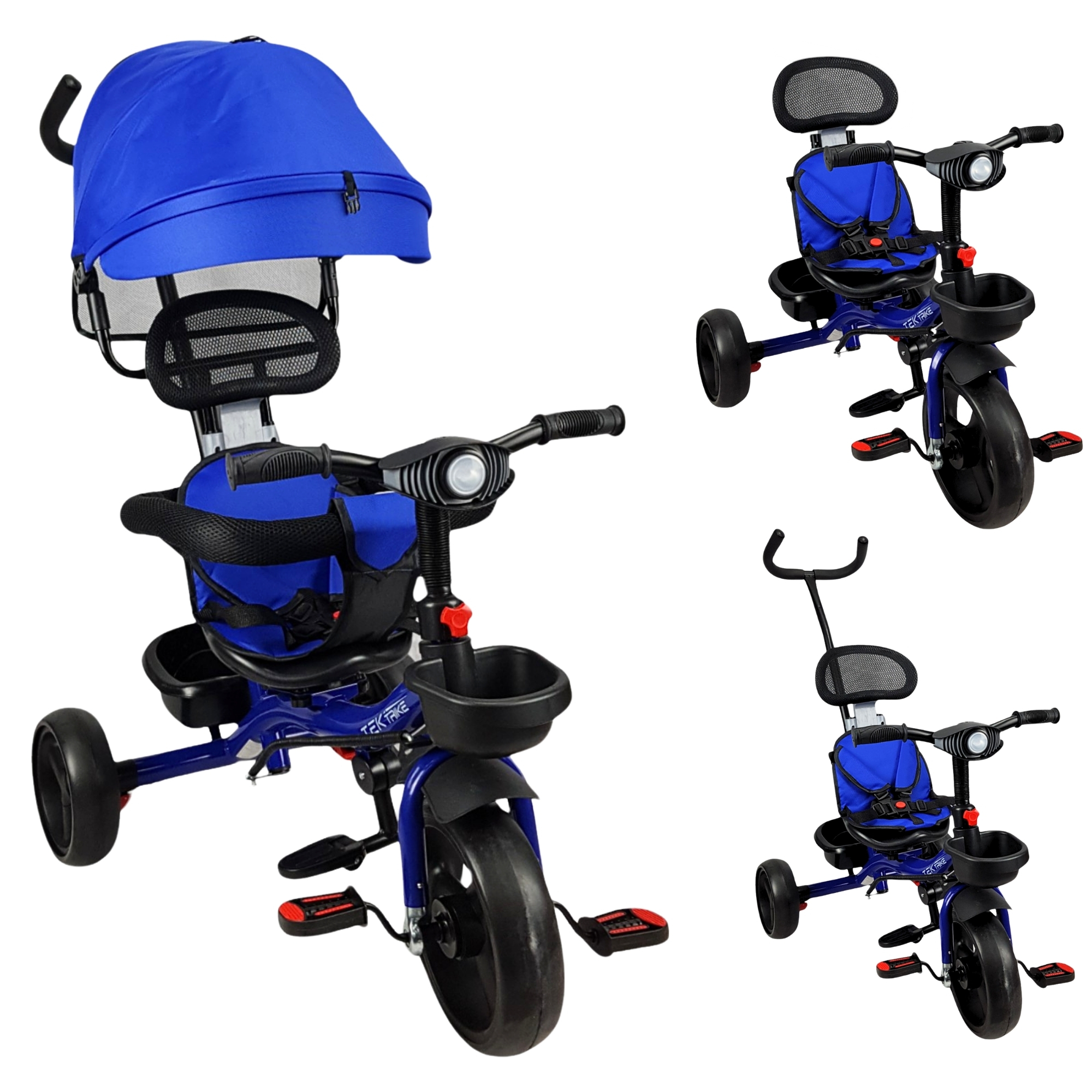 Triciclo para Niños con Barra Empuje Cajuela Toldo Luz y Sonido - Azul .