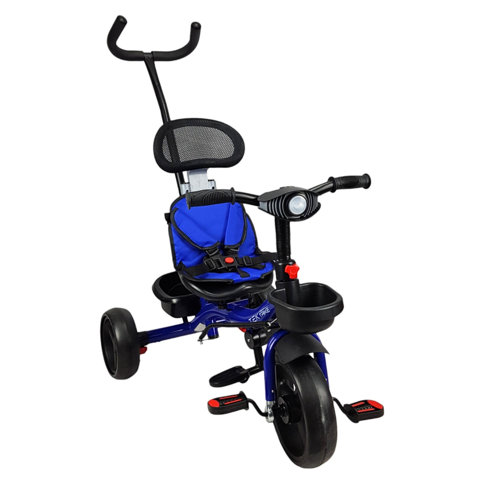 Triciclo para Niños con Barra Empuje Cajuela Toldo Luz y Sonido - Azul .