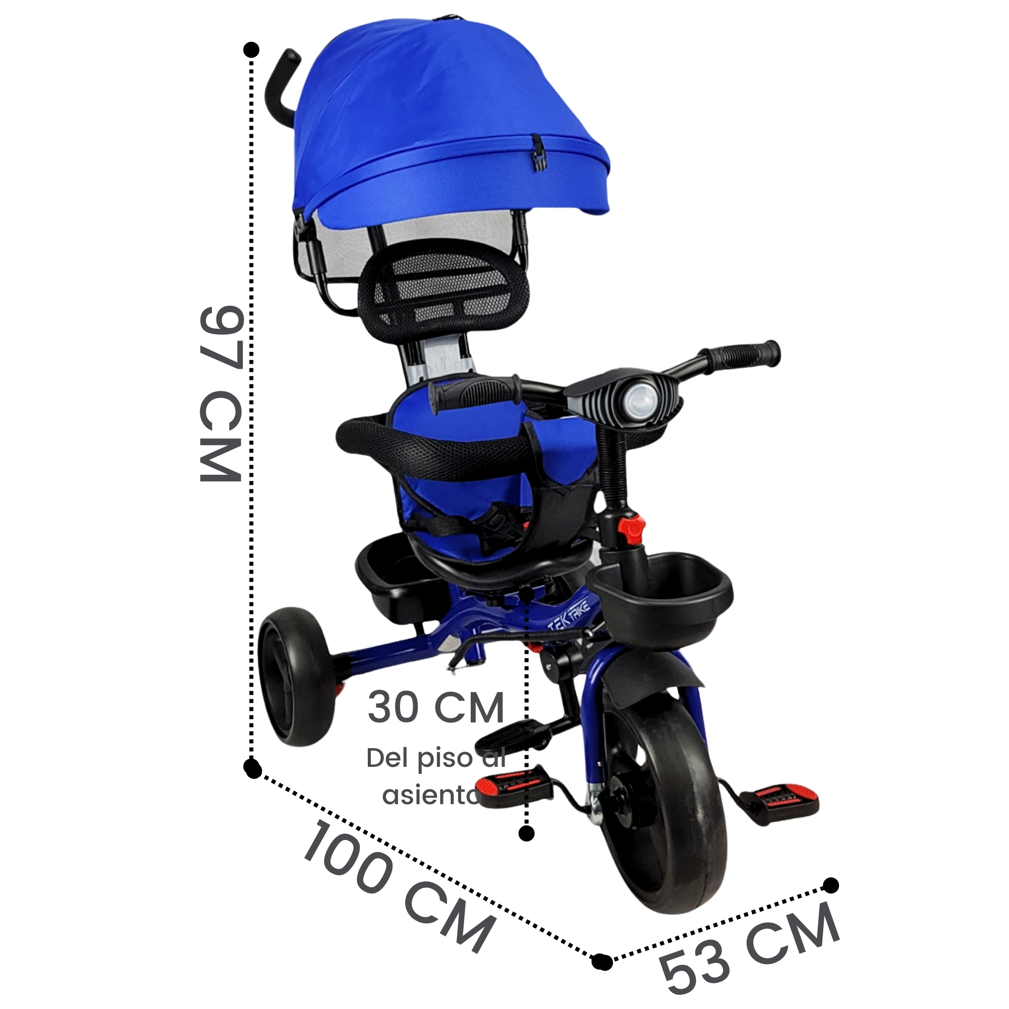 Triciclo para Niños con Barra Empuje Cajuela Toldo Luz y Sonido - Azul .