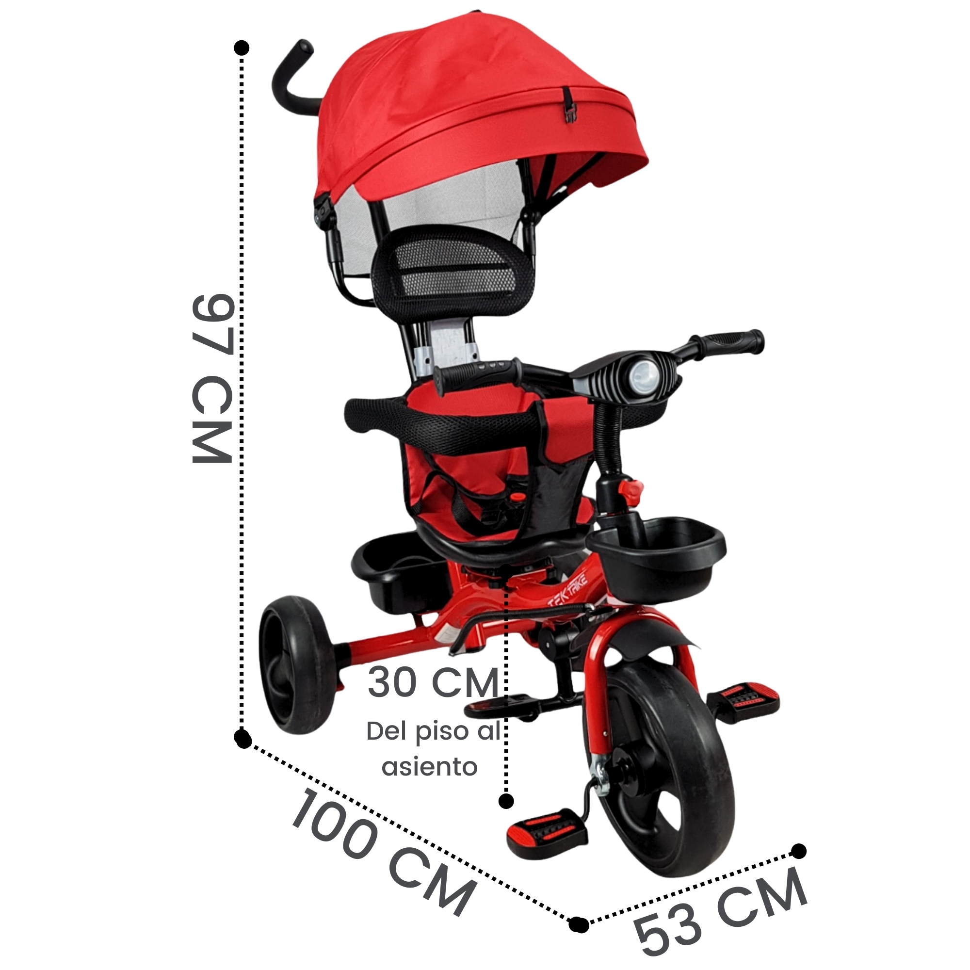 Triciclo para Niños con Barra Empuje Cajuela Toldo Luz y Sonido - Rojo.