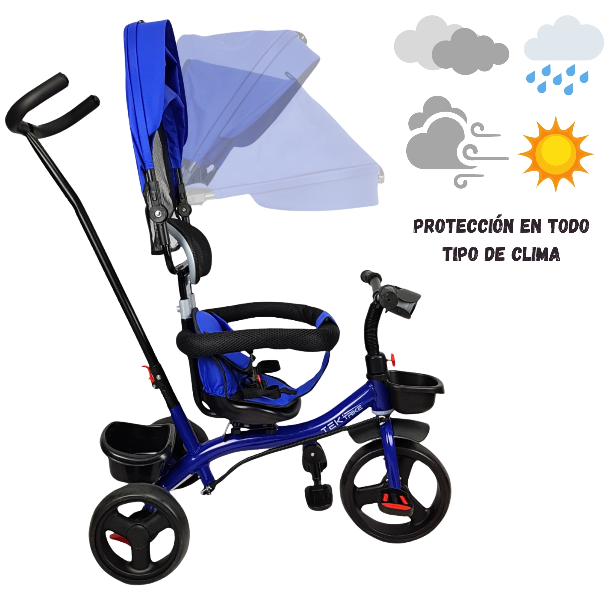 Triciclo para Niños con Barra Empuje Cajuela Toldo Luz y Sonido - Azul .