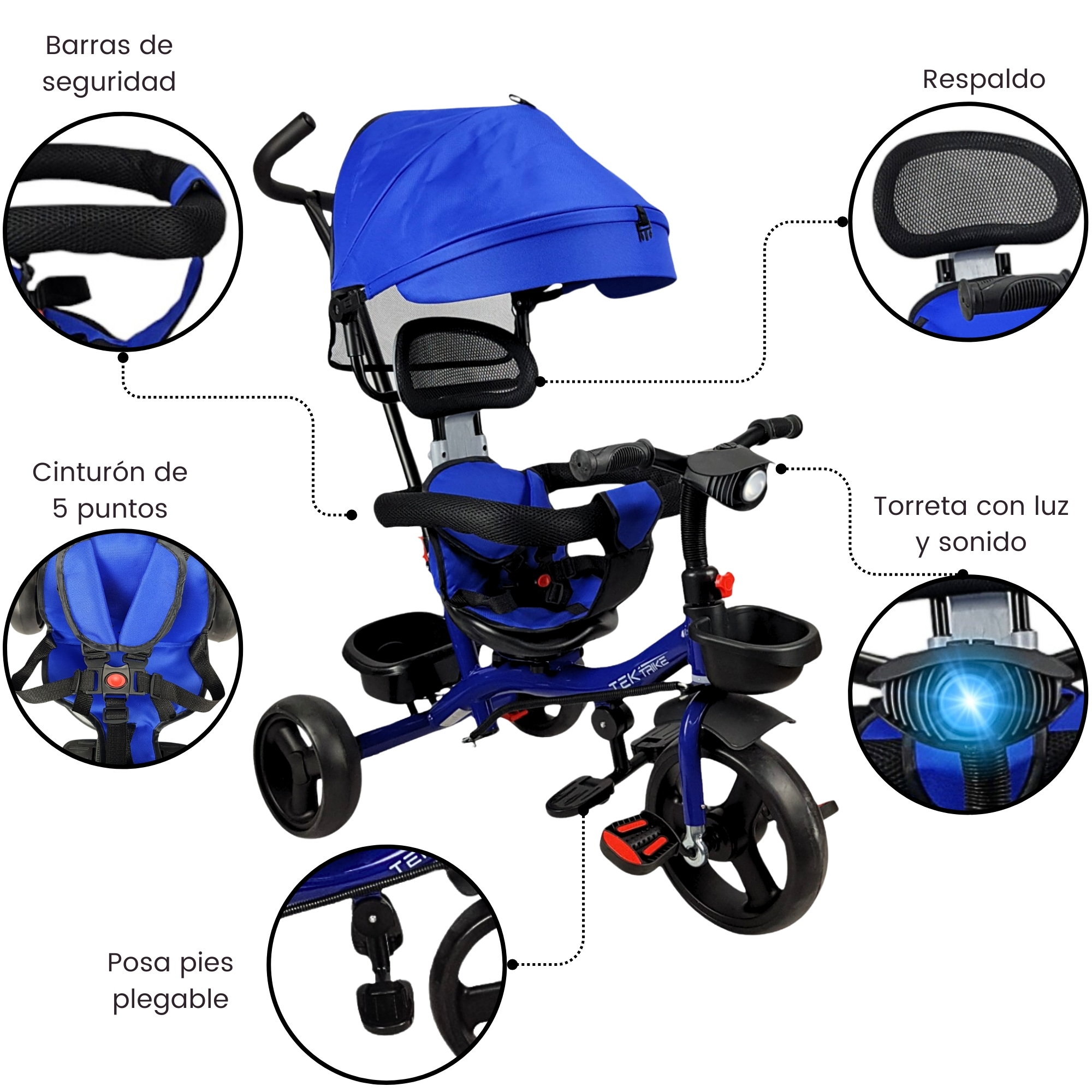 Triciclo para Niños con Barra Empuje Cajuela Toldo Luz y Sonido - Azul .