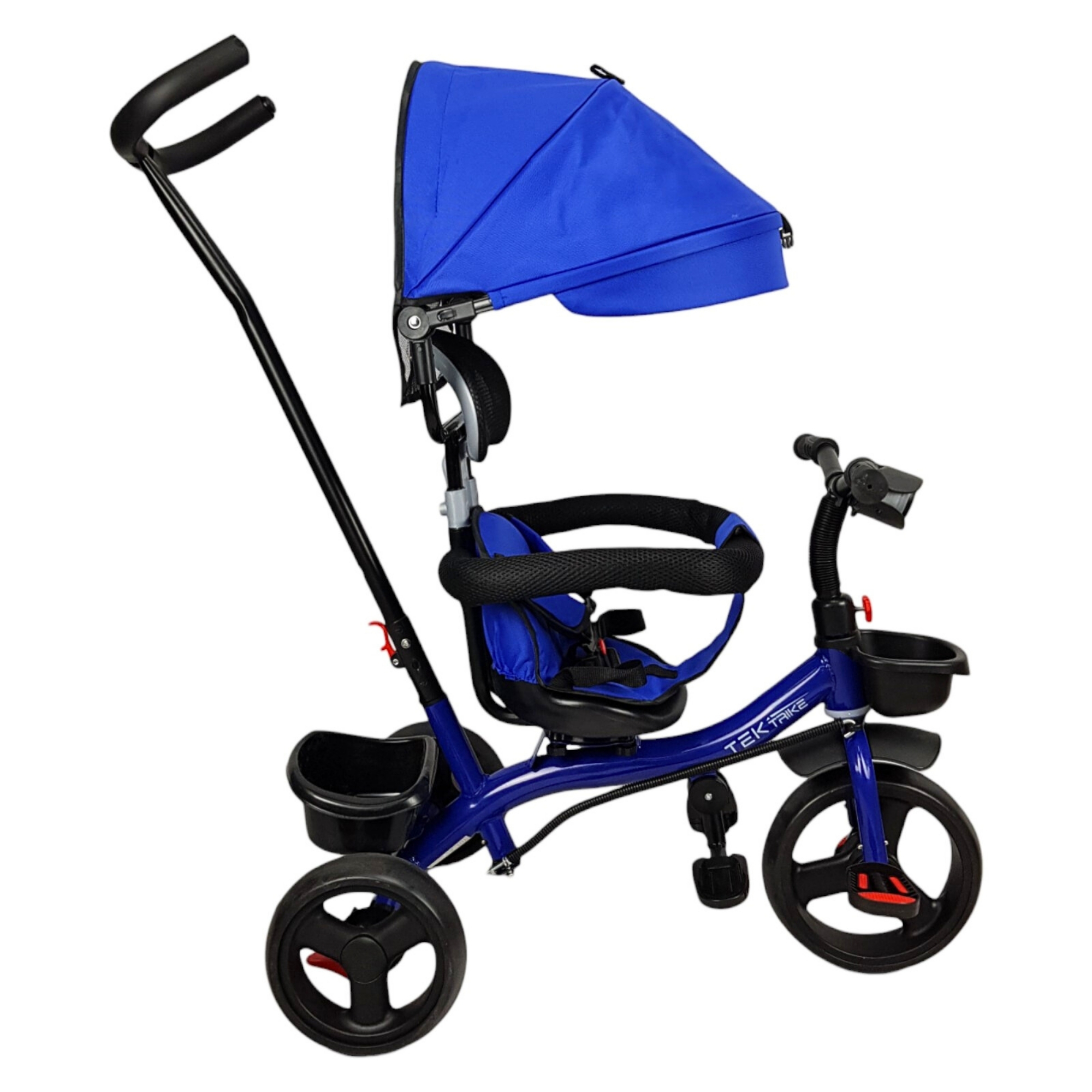 Triciclo para Niños con Barra Empuje Cajuela Toldo Luz y Sonido - Azul .