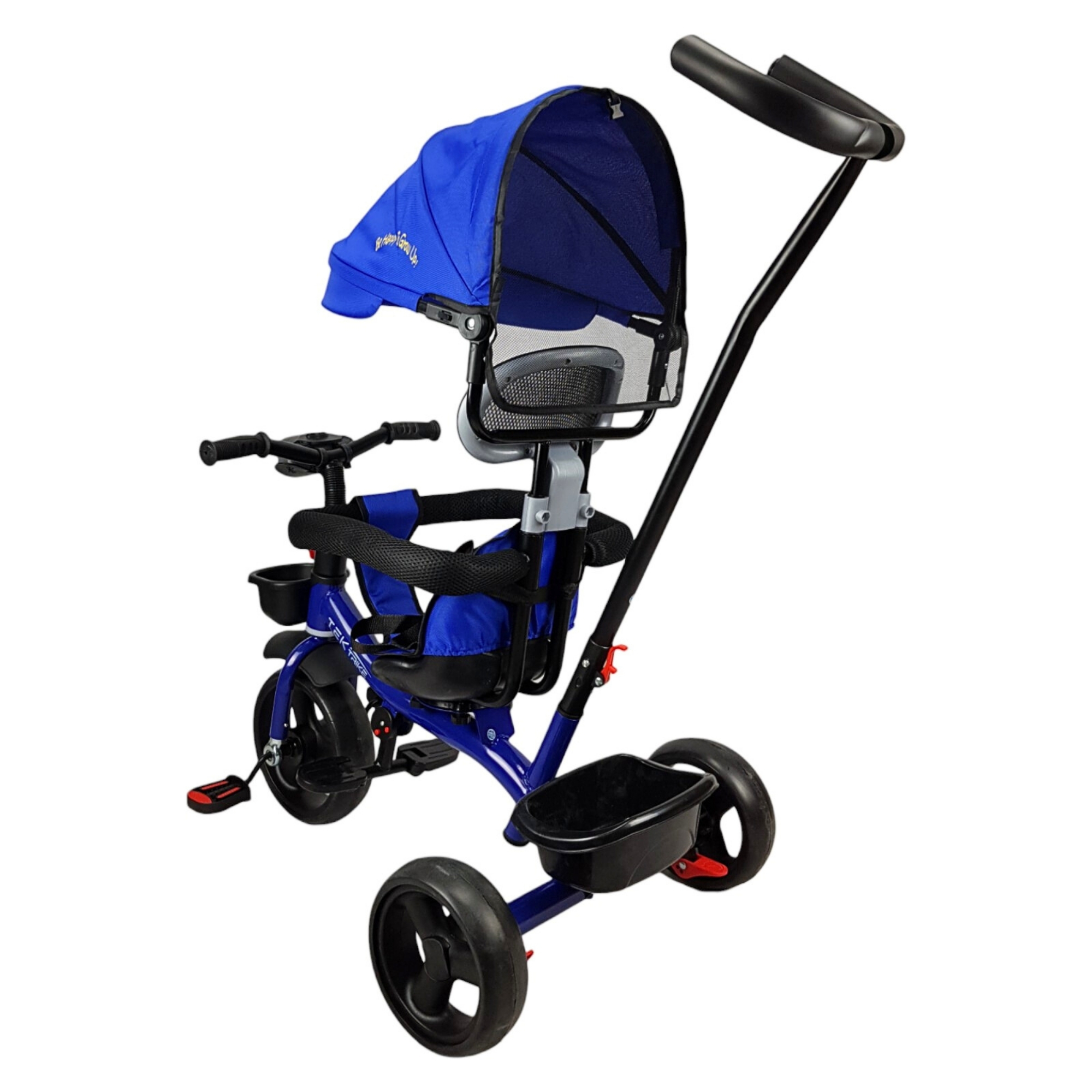 Triciclo para Niños con Barra Empuje Cajuela Toldo Luz y Sonido - Azul .