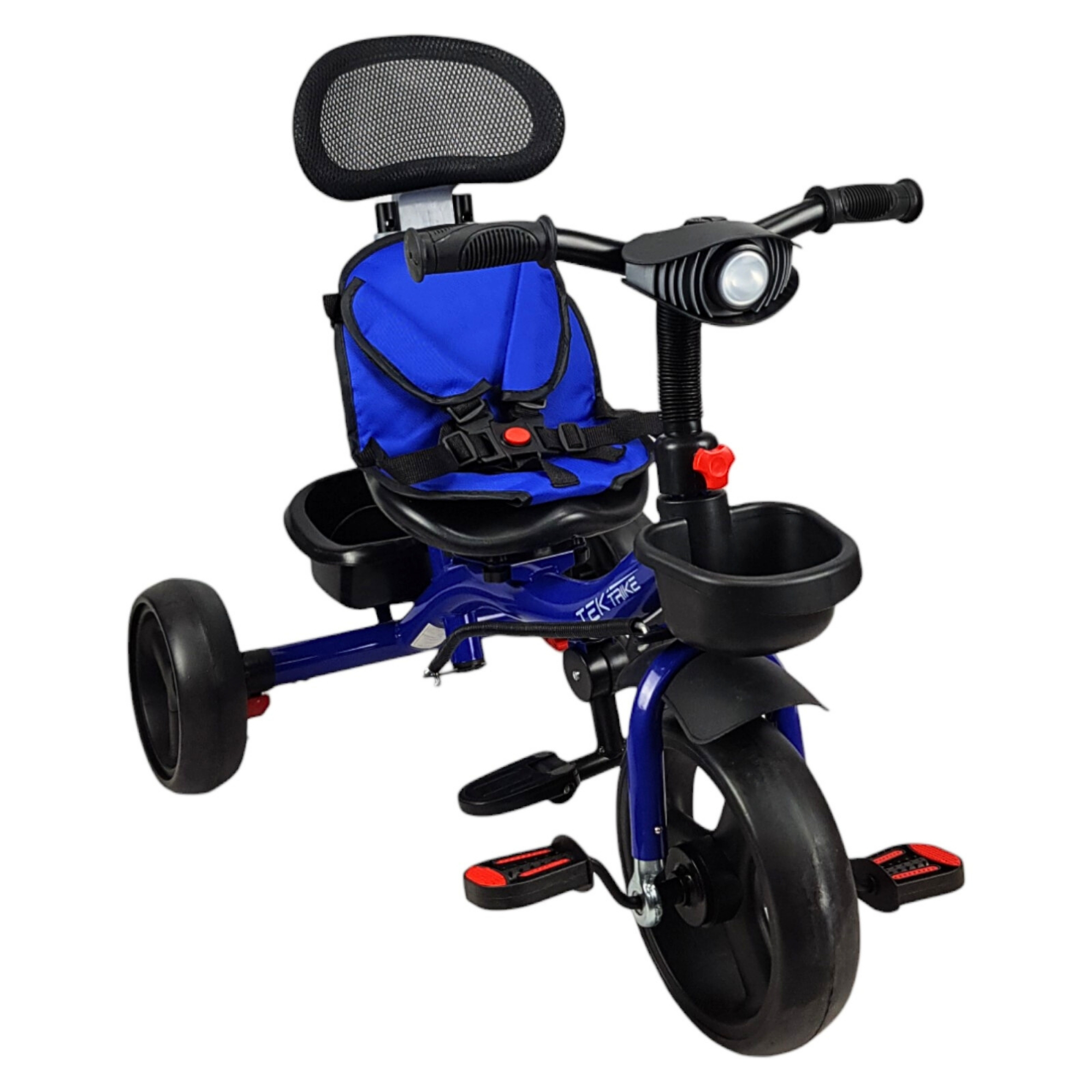 Triciclo para Niños con Barra Empuje Cajuela Toldo Luz y Sonido - Azul .