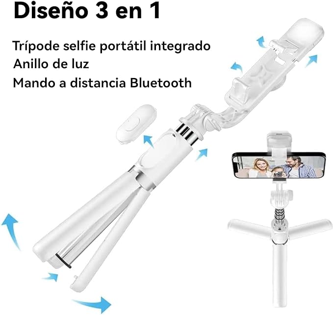 A Jesir Trípode Bluetooth Selfie Stick con Luz De Relleno, Soporte De Trípode Ligero De Viaje Extensible para Selfie, Transmisión En Vivo, Videoconferencia, Compatible con Todos Los Teléfonos (Blanco).