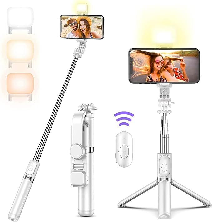A Jesir Trípode Bluetooth Selfie Stick con Luz De Relleno, Soporte De Trípode Ligero De Viaje Extensible para Selfie, Transmisión En Vivo, Videoconferencia, Compatible con Todos Los Teléfonos (Blanco).
