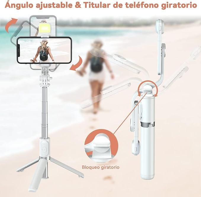 A Jesir Trípode Bluetooth Selfie Stick con Luz De Relleno, Soporte De Trípode Ligero De Viaje Extensible para Selfie, Transmisión En Vivo, Videoconferencia, Compatible con Todos Los Teléfonos (Blanco).