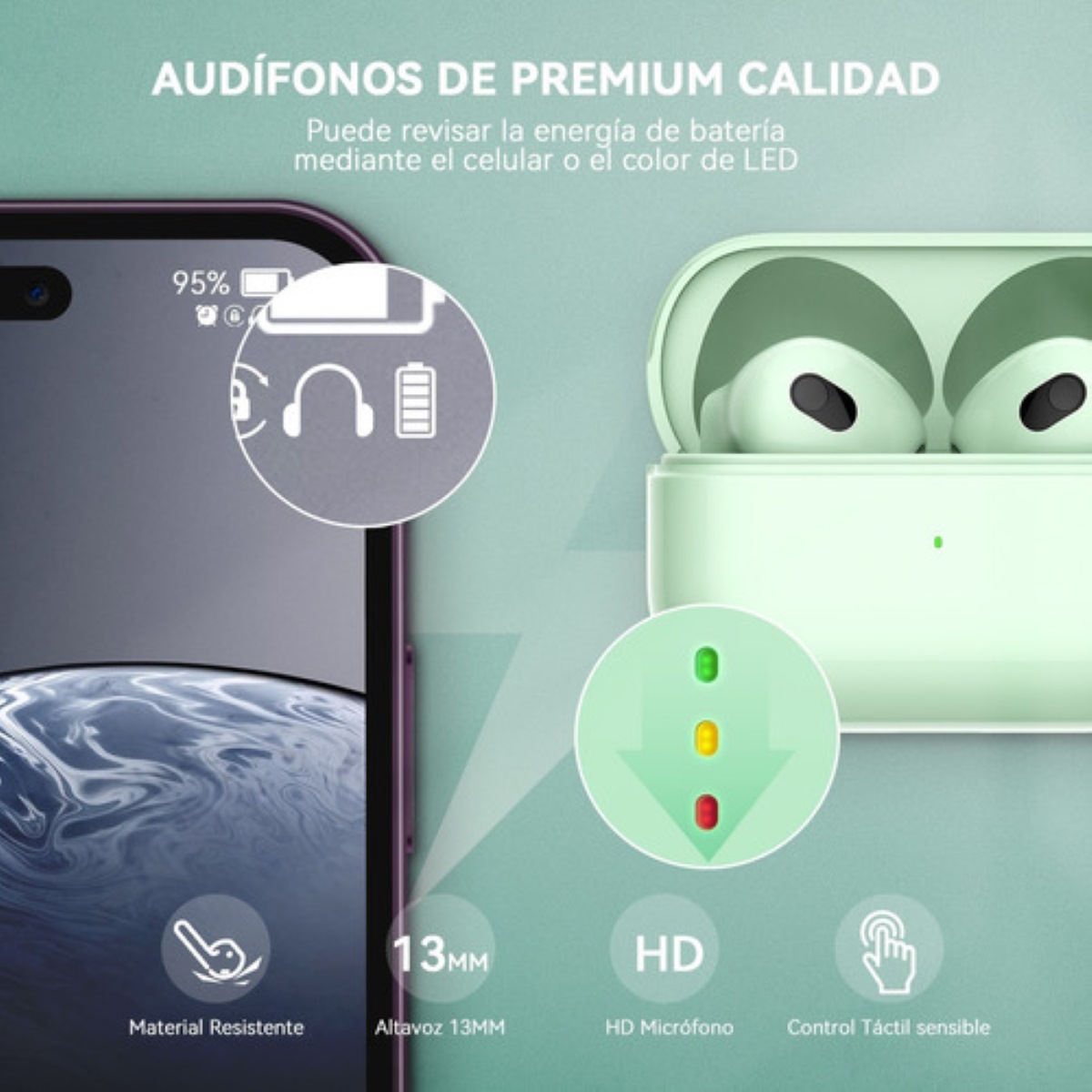 "Audífonos Inalámbricos Mini Microfono Para Ios Android Bt5.3 Verde "