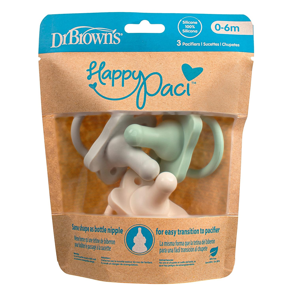 Chupón Dr Browns Happy Paci 3pz 0-6m Blanco.