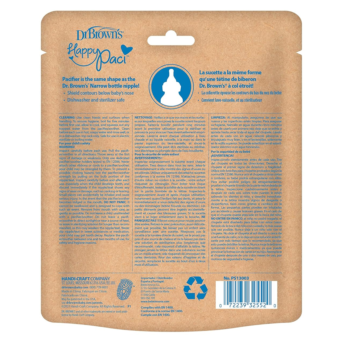 Chupón Dr Browns Happy Paci 3pz 0-6m Blanco.