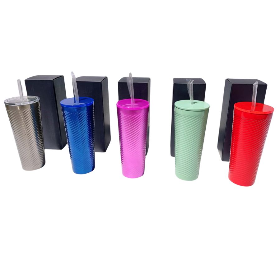 Vaso Acero Inoxidable Azul Termico Tapa Antiderrames y Popote Venti 710 Ml Espiral.