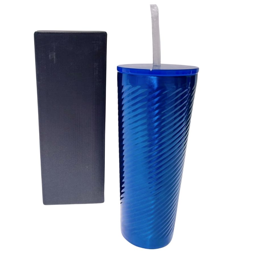 Vaso Acero Inoxidable Azul Termico Tapa Antiderrames y Popote Venti 710 Ml Espiral.